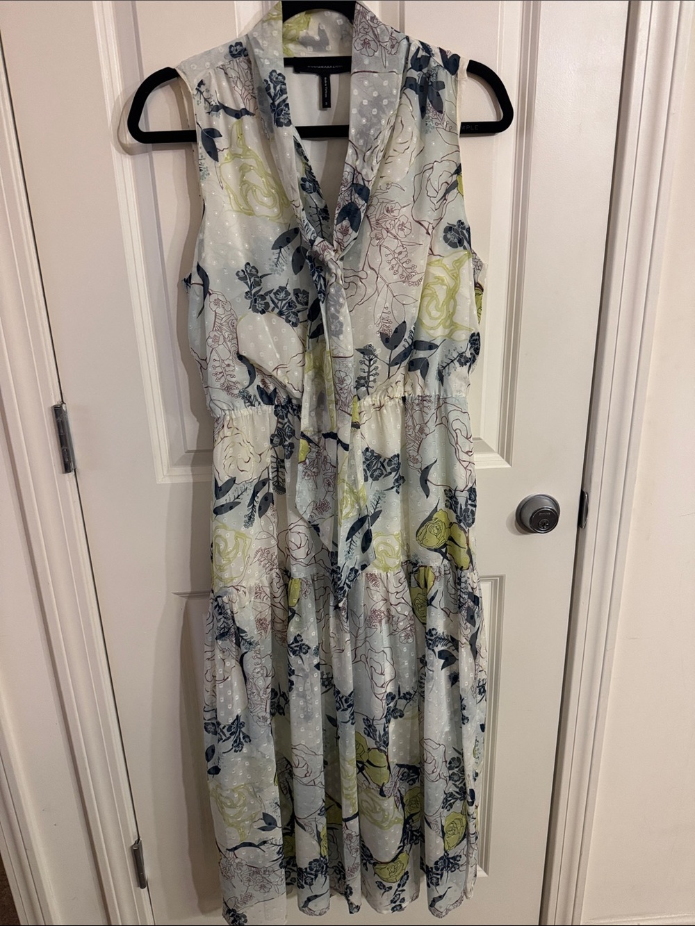 BCBGMaxAzria Light Blue Floral Midi Dress with Lime and Navy Accents